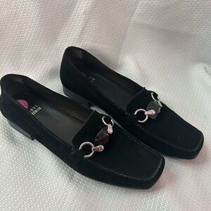 Stuart Weitzman Black Suede Loafers with Silver Detailing